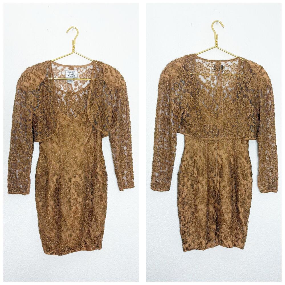 80s Vintage Carmen Marc Valvo Gold Beaded Sequin Party Dress with Bolero Jacket